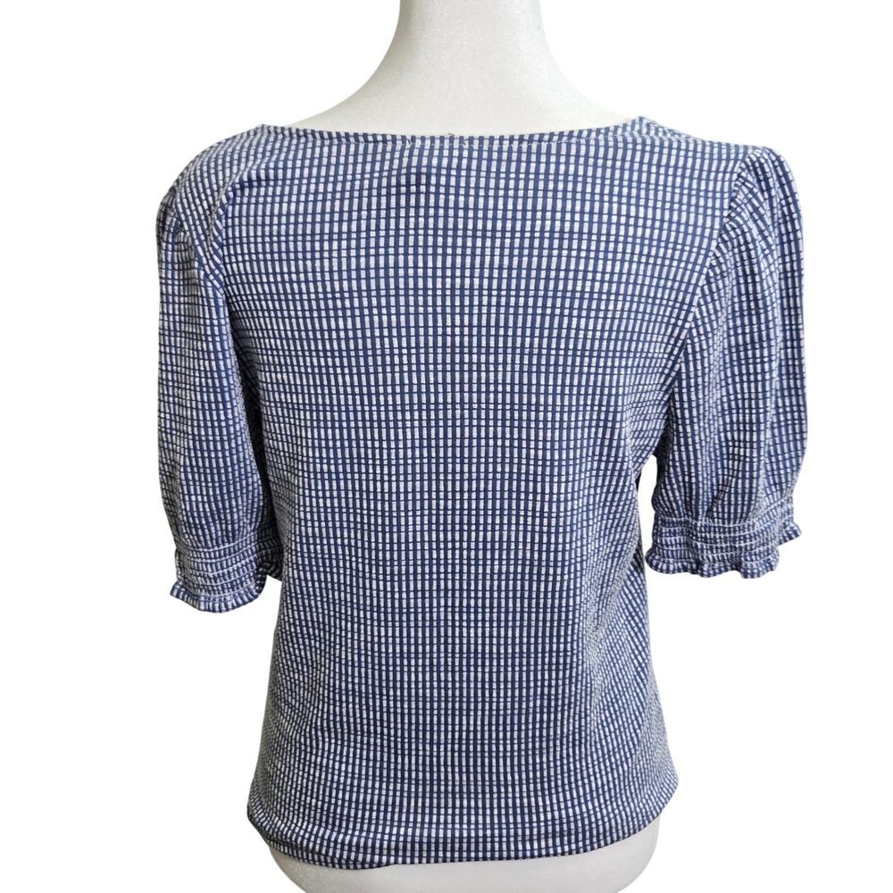 W5 Women's Blue White‎ Gingham Check V Neck Puff Sleeve Top Size Large Casual - Picture 2 of 5